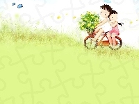 Rower, Dzieci, Kwiaty