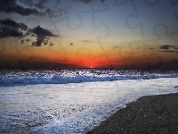 Fale, Plaża, Zachód słońca