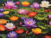 Kolorowe, Grafika, Kwiaty, Lilie wodne