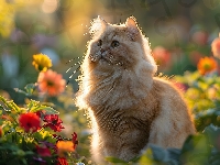 Kot, Kwiaty, Rudy, Grafika, Zachód słońca