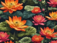 Pomarańczowe, Lilie wodne, Kwiaty, Grafika, Liście