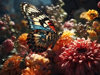 Kwiaty, Motyl, Kolorowy, Grafika, Światło