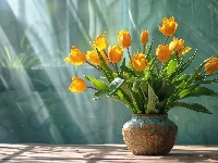 Kwiaty, Żółte, Tulipany, Przebijające światło, Wazon