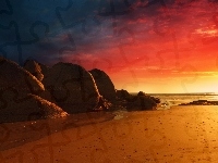 skały, Zachód słońca, plaża