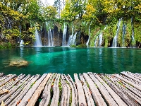 Skay, Jezioro, Chorwacja, Pomost, Wodospad, Drzewa, Park Narodowy Jezior Plitwickich