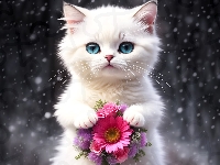 Kwiaty Słodkie Zwierzęta, Biały, Kotek, Dla dzieci