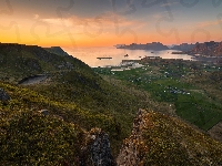 Dolina, Norwegia, Roślinność, Wschód słońca, Góry, Lofoty, Morze Norweskie