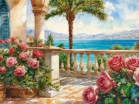Kwiaty, Grafika, Palma, Dom, Balkon, Morze, Róże