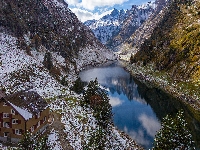 Dom, Góry Alpstein, Falensee, Szwajcaria, Jezioro, Śnieg, Drzewa