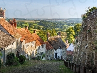 Ulica, Shaftesbury, Anglia, Złote Wzgórze, Domy, Drzewa, Zachód Słońca, Gold Hill, Mur