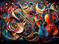 Instrumenty, Grafika, Kolorowe, Saksofon, Kontrabas