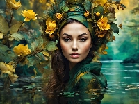 Kwiaty, Kobieta, Woda, Grafika