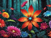 Las, Kwiaty, Kolorowe, Grafika