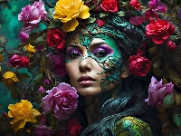 Kobieta, Makijaż, Twarz, Grafika Abstrakcja, Róże