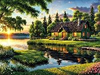 Dom, Jezioro, Drzewa, Grafika, Zachód słońca
