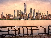 Hudson River, Stany Zjednoczone, Rzeka, Barierki, Manhattan, Nowy Jork, Wieżowce