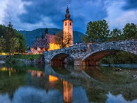 Odbicie, Most, Drzewa, Słowenia, Kościół św Jana, Jezioro Bohinj, Gmina Bohinj