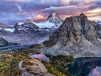 Jeziora, Góry Skaliste, Lasy, Kanada, Mount Assiniboine, Góra, Alberta