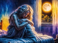 Łóżko, Noc, Dziewczyna, Księżyc Reprodukcja obrazu