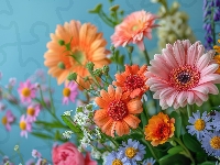 Gerbery, Kwiaty, Kolorowe, Grafika, Bukiet