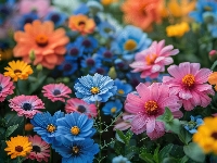 Kolorowe, Niebieskie, Różowe, Kwiaty