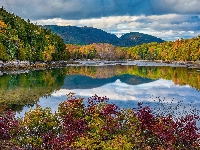 Jordan Pond, Stan Maine, Stany Zjednoczone, Park Narodowy Acadia, Lasy, Góry, Bubble Mountains, Jezioro, Roślinność