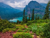 Góry, Montana, Park Narodowy Glacier, Stany Zjednoczone, Jezioro, Rośliny, Chmury, Drzewa, Grinnell Lake