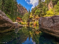 Wąwóz, Arizona, Stany Zjednoczone, Sedona, Rzeka, Drzewa, Odbicie, Skały, West Fork of Oak Creek