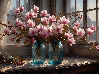 Kwiaty, Słoiki, Magnolia, Okno, Stół