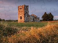 Knowlton Church, Anglia, Wielka Brytania, Wimborne, Ruiny, Trawa, Zachód Słońca, Kościół, Drzewa