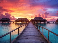 Atol Addu, Domki, Pomost, Morze, Malediwy, Zachód słońca