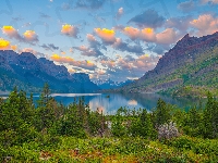 Drzewa, Stan Montana, Stany Zjednoczone, Park Narodowy Glacier, Góry, Kolorowe, Chmury, Jezioro, Niebo
