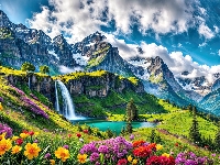 Lato, Dolina, Kwiaty, Wodospad, Grafika, Góry